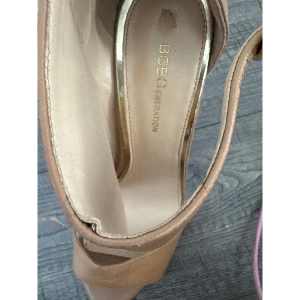 BCBGeneration Ruize Tan Leather Ankle Wrap Stiletto Heels Sandals 9.5B